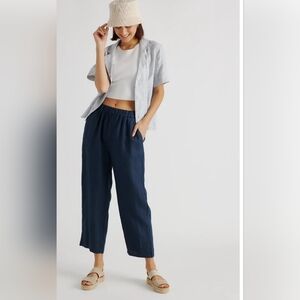 Quince European 100% Linen Navy Blue Women's Pants Size L Pull On Elastic Waist